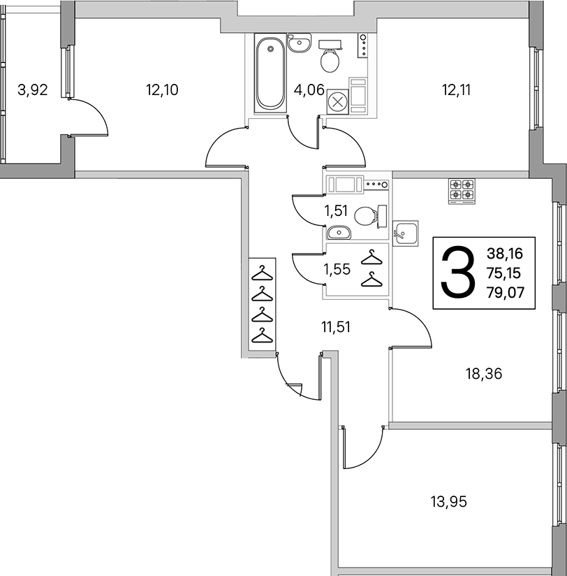 3-комнатная квартира 77.08 м², 4/4 эт., ЖК «Любоград в Стрельне»